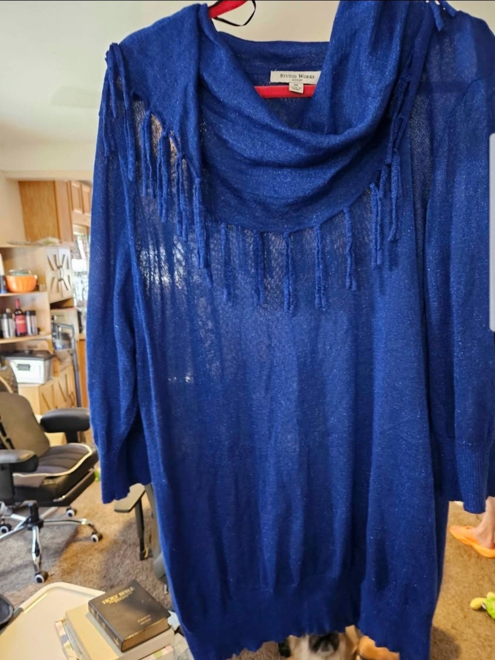 Studio Works Royal Blue Shimmer Cowl-Neck Sweater with Fringe 3XL